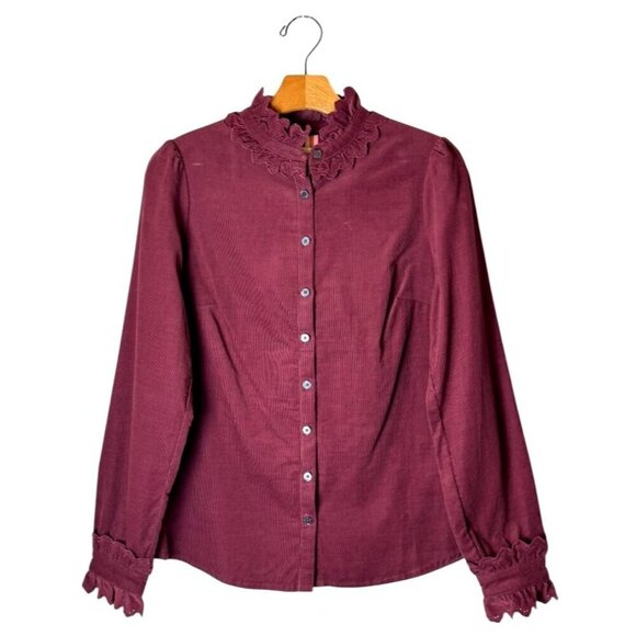 Boden Shirt Women 6 Burgundy Lace Neck Corduroy Button‎ Down NWT Preppy Career - Picture 1 of 10